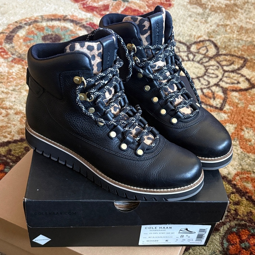 Cole Haan Black Lace-Up Boots with Animal Print